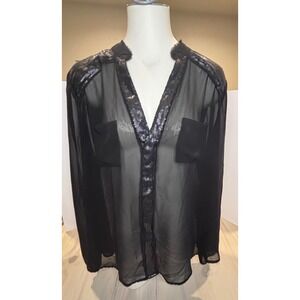 Torrid Women's Black Sheer Sequin Blouse Plus Size 1 Long Sleeve V-Neck Top EUC